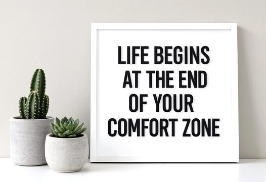 Motivational framed quote about stepping out of comfort zone with small potted cacti on a shelf