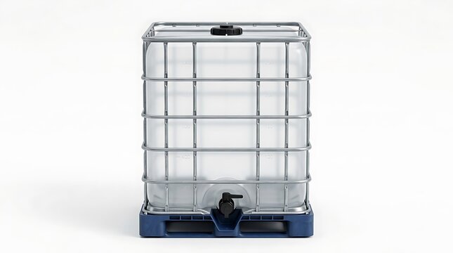 Large plastic water tank container with a metal cage frame for industrial liquid storage on a pallet. ibc container