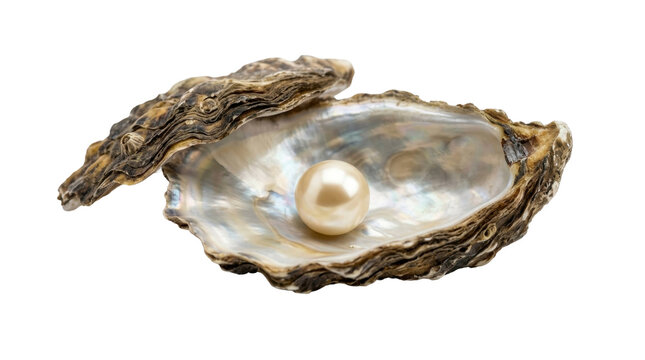 Open oyster shell with a single white pearl inside on a transparent background PNG file