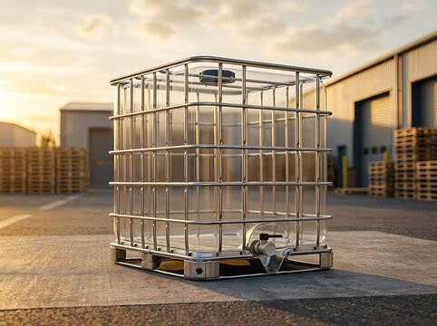 Large plastic water tank inside a metal cage container sitting on a concrete floor in an industrial yard. ibc container