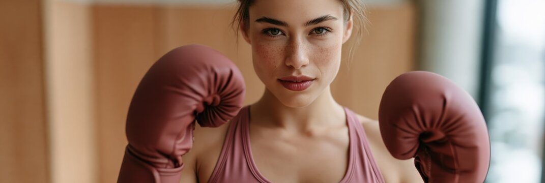 Closeup portrait of female boxer with freckles wearing brown gloves for fitness poster and boxing training background and health campaign