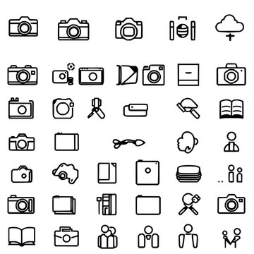 Photography tools icon set with 24 minimalist monochrome icons sorted in a 6x4 grid featuring cameras, photo frames, cloud storage, books, and people with flat vector style and rounded edges