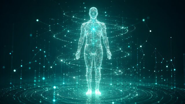 Holographic human body scan with data connection lines glows.