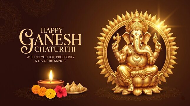 Golden Lord Ganesha idol with diya and flowers for Happy Ganesh Chaturthi festival celebration background
