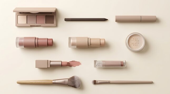 Set of various makeup products and cosmetic brushes arranged on a clean neutral light beige surface view. beginner makeup guide