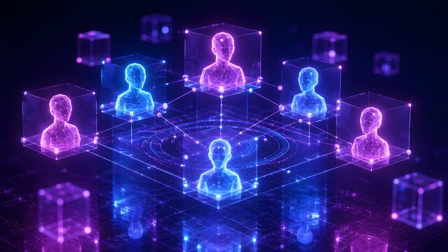 Digital human avatars connected in neon virtual network.