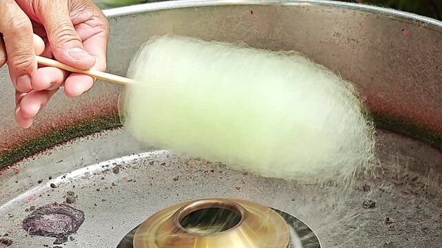 A skilled vendor spins colorful Thai cotton candy onto a wooden stick, showcasing a beloved traditional sweet. This close-up captures the craftsmanship, vibrant texture, and nostalgic charm of a class
