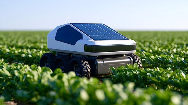 Agricultural robot with solar panel cultivating green crop field