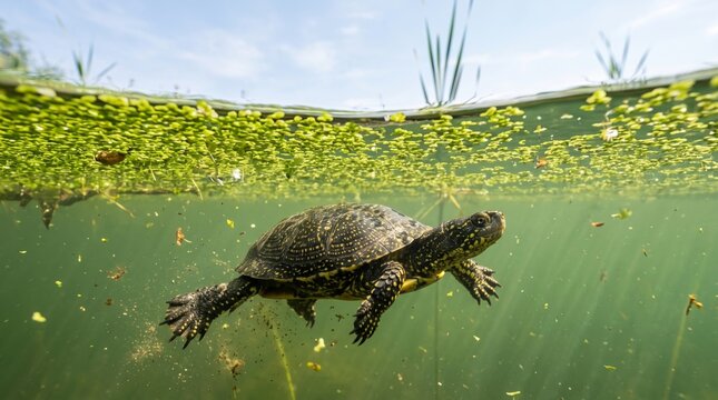 pond turtle basking on a log in the sun