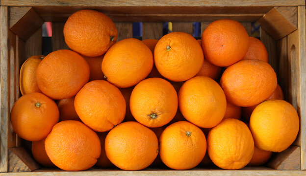 top aerial view wood wooden rustic crate full of ripe Oranges exotis fruits.