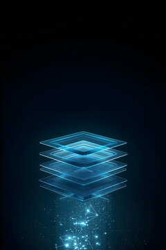 Layered translucent shields and flowing abstract data streams rising through dark gradient evoking secure digital protection mood generative AI
