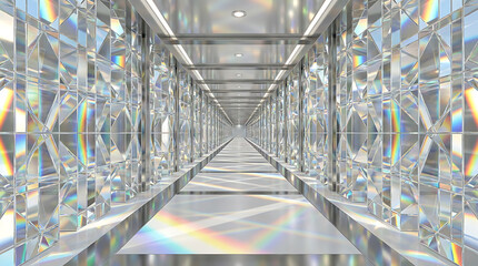 Obraz premium Long symmetrical tunnel with detailed glass panel walls creating beautiful light spectrum effects