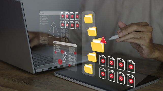 Cybersecurity file breach concept showing user inspecting corrupt document icons, red error marks, folder warning alerts, and system popup alerts caused by malware attack and vulnerability