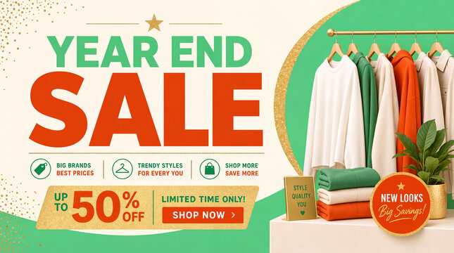 Promotional year end sale clothing store themed banner with hanging sweatshirts, folded clothes, plant, 50% off, gold green accents