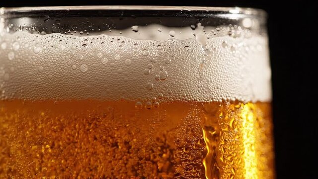 Cold beer in glass with foam and condensation drops. Macro view of golden liquid drink. Refreshing alcoholic beverage texture for bar menu and advertising concept.