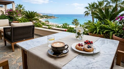 Fototapeta premium Fresh coffee and berry pancakes on a patio table with a beautiful ocean view on a sunny summer day. al fresco coffee corner