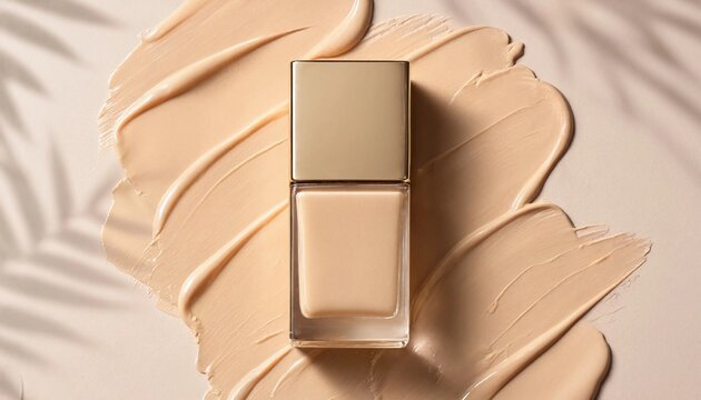 Luxury liquid foundation makeup bottle placed on a beige background with cosmetic cream smears and soft palm leaf shadows