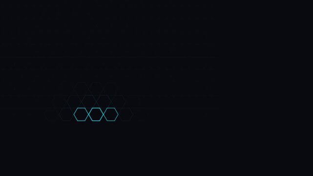 Abstract blue hexagonal grid patterns reacting as proximity sensors on a black background