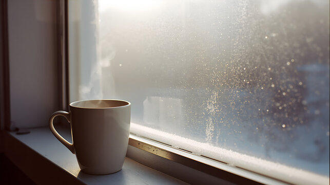 A steaming mug of cocoa on windowsill with frost evoking calm cozy winter morning mood generative AI