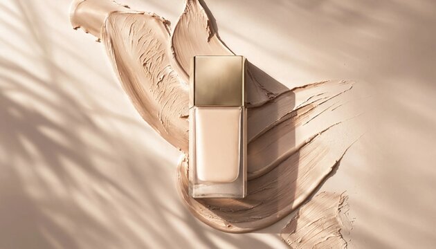 Glass bottle of liquid foundation makeup with smeared beige cosmetic cream texture