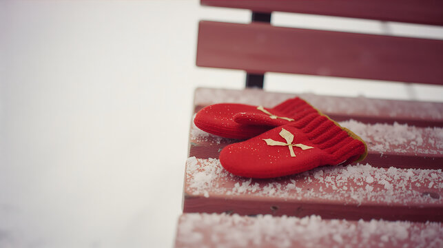 A small pair of red mittens on snowy wooden bench evoking quiet tender winter mood generative AI