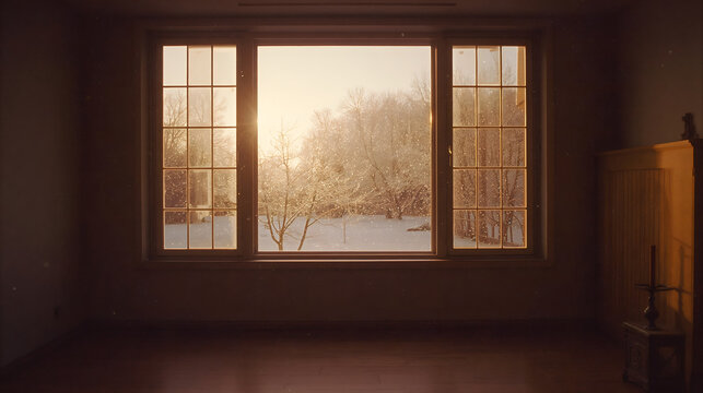 A warm interior with window framing snowy garden evoking peaceful calm mood with film look generative AI