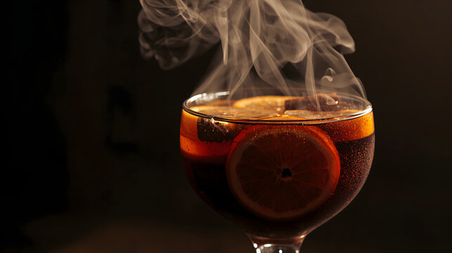 Steam rising from mulled wine with orange and spices in glass evoking festive warming mood generative AI