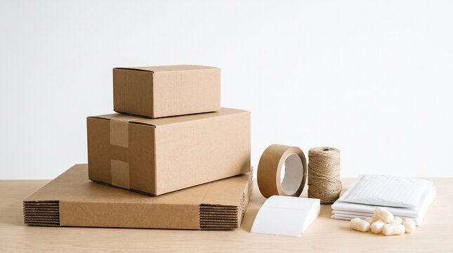 Shipping Supplies Ready for Dispatch: A neat arrangement of cardboard boxes, packing tape, and bubble wrap signifies readiness for efficient shipping and delivery.
