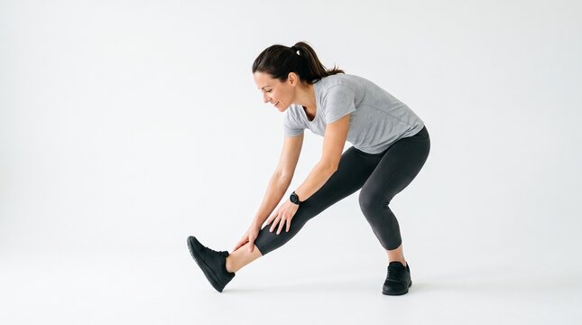 Fitness Focus: A fit woman with her hair in a ponytail performs a hamstring stretch in athletic wear, demonstrating a commitment to physical well-being and a healthy lifestyle.