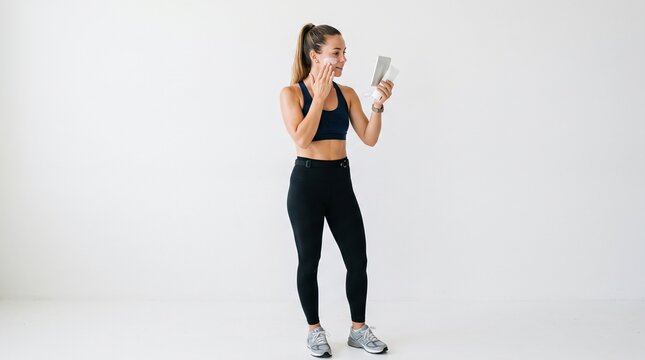 Fitness Coach Connecting Online: A female fitness instructor in athletic wear smiles while holding a tablet, possibly connecting with clients or leading a virtual session.