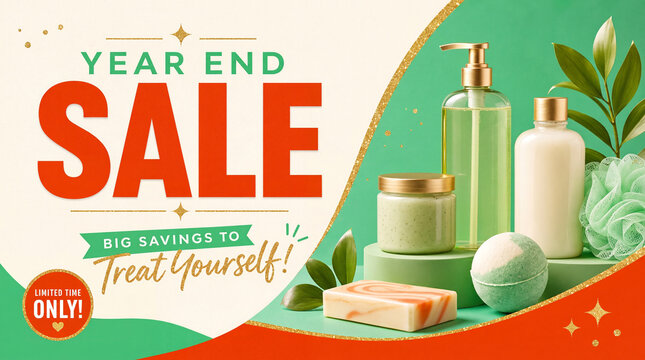 Vibrant bath and body store themed year end sale banner with soaps, lotions, bath bombs and products on green orange background with gold accents