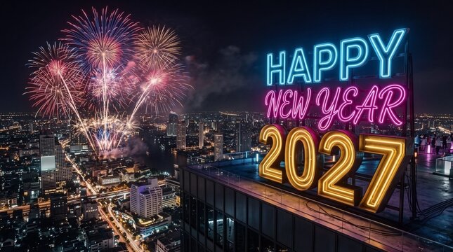 Vibrant neon happy new year 2027 text glowing on city building roof under midnight firework display for festive party event poster
