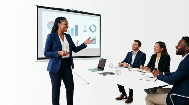 Business Presentation: A confident female executive delivers a dynamic presentation to a small group of engaged colleagues, highlighting data and growth strategies on a projection screen.
