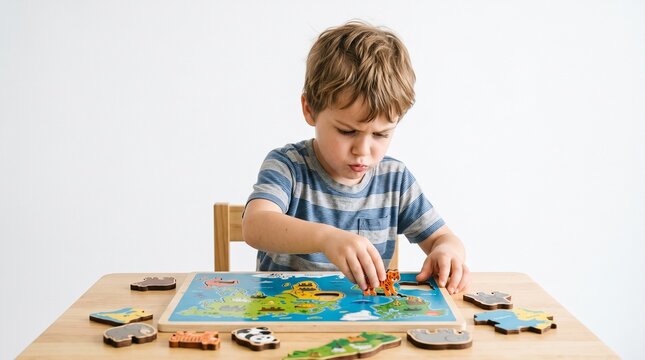 Focused Little Mind: A young boy intently concentrates on assembling a jigsaw puzzle, his brow furrowed in deep thought as he works on this engaging challenge.