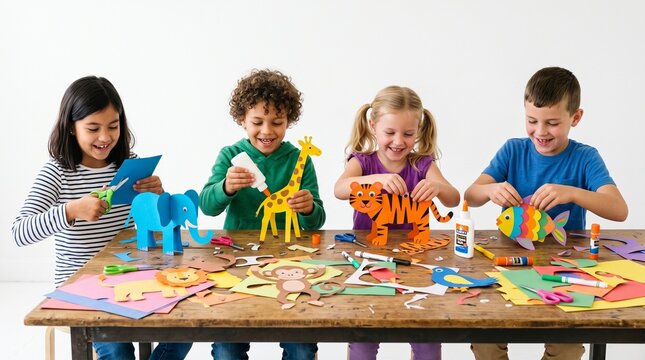 Creative Kids Crafting Session: Four young children enthusiastically engage in a hands-on art project, surrounded by colorful paper, craft supplies, and various animal creations.