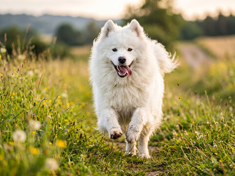 A fluffy white samoyed dog running excitedly through a grassy field at sunset with movement beautiful purebred friendly landscape blooming domestic