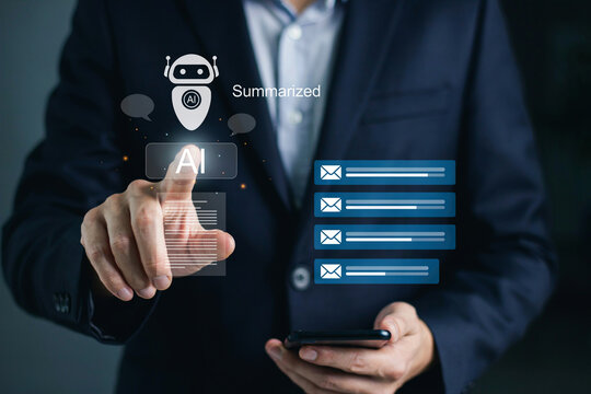 Professional man using artificial intelligence chatbot interface for automated email summarization.