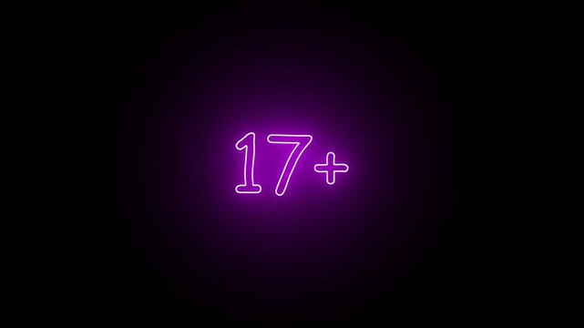 Glowing purple neon sign displaying the number seventeen plus symbol on a dark black background representing age restriction and maturity rating warning
