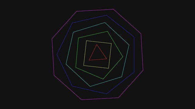 Abstract geometric animation of colorful concentric polygons expanding on a dark background