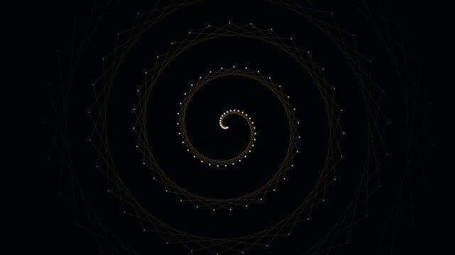 Abstract galactic spiral patterns rotating on a black background with connecting links