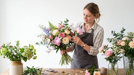 Fototapeta premium Floral Artistry: A skilled florist meticulously arranges a vibrant bouquet, surrounded by an array of fresh blooms and greenery, showcasing her passion for floral design.