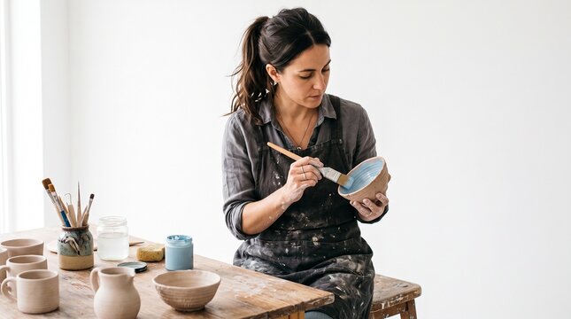 A Master Ceramist at Work: A focused artisan meticulously paints a ceramic bowl, surrounded by her handcrafted pottery and tools in a bright, airy studio.
