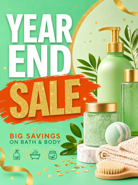 Vibrant year-end sale banner for bath and body store with green lotions, scrub, bath bomb, towel, brush, gold accents and leaves