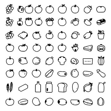 24 food icons set with black and white icons arranged in a 6x4 grid on white background featuring fruits, vegetables, dairy with minimalist and flat design