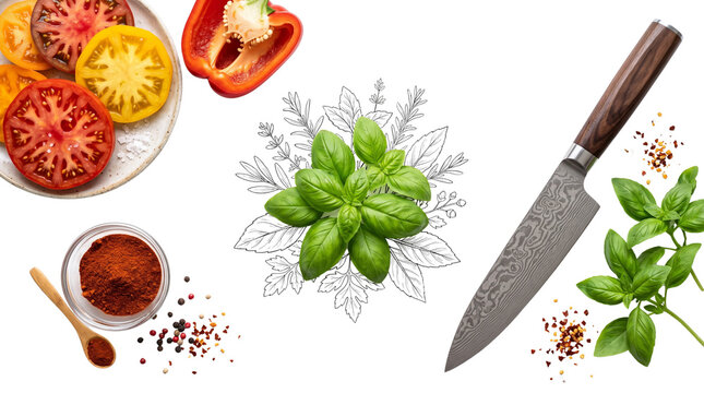 Professional Damascus steel chef knife with fresh basil and tomatoes, culinary food preparation flat lay on white background, gourmet cooking ingredients