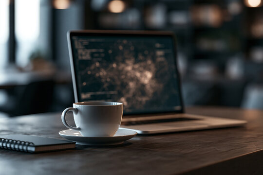 Moderner Laptop mit Kaffeetasse auf Schreibtisch als Symbol f&uuml;r k&uuml;nstliche Intelligenz und digitales Arbeiten