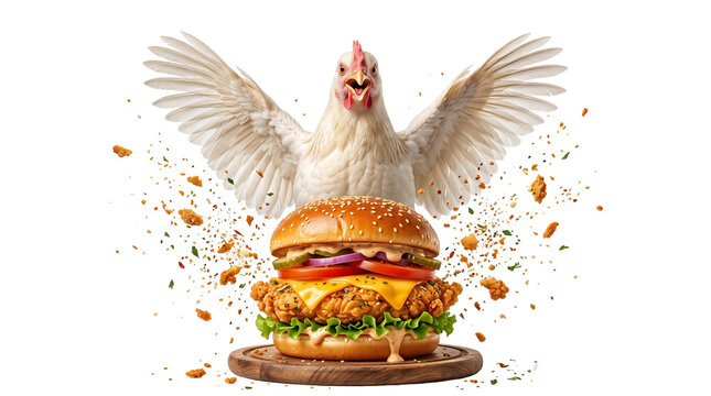 Crispy chicken burger with spreading wings, gourmet fried chicken sandwich on white background, fast food restaurant menu concept with flying crumbs
