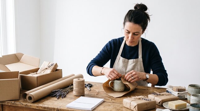 Artisan Crafting and Packaging: A focused artisan meticulously wraps a handmade ceramic mug in brown paper, surrounded by her crafted goods and packaging materials.