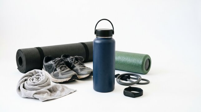 Workout Essentials: A collection of fitness gear including running shoes, a water bottle, yoga mats, a towel, resistance bands, and a fitness tracker, all neatly arranged for an active lifestyle.