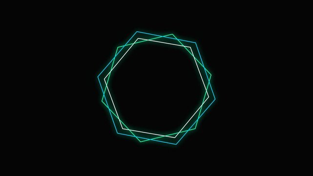 Abstract glowing hexagonal frames rotating on a black background with cyan and green light